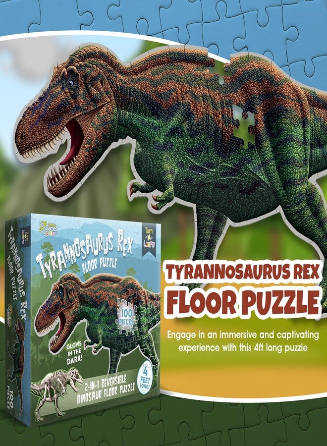 Genius Games Tyrannosaurus Rex Dinosaur Jigsaw Puzzle | 100-Piece Double Sided Floor Puzzle with Glow-in-The-Dark Skeleton On Other Side | 4 FT Scientifically Accurate Dino Illustration | Educational Toy for Kids - Image 2